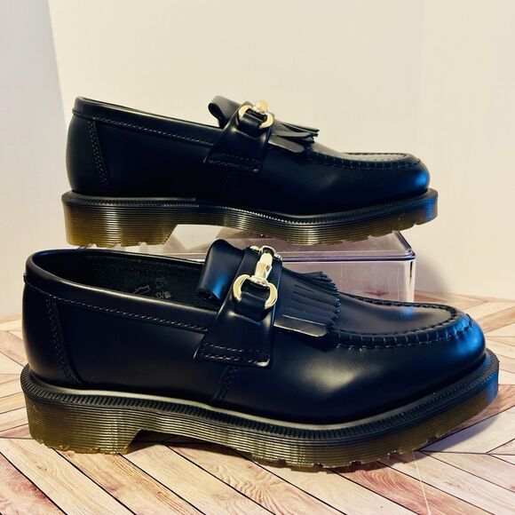 Dr Martens Adrian Snaffle Black Smooth Leather Loafers M 6 W 7 Kiltie Gold Bit - Picture 2 of 10
